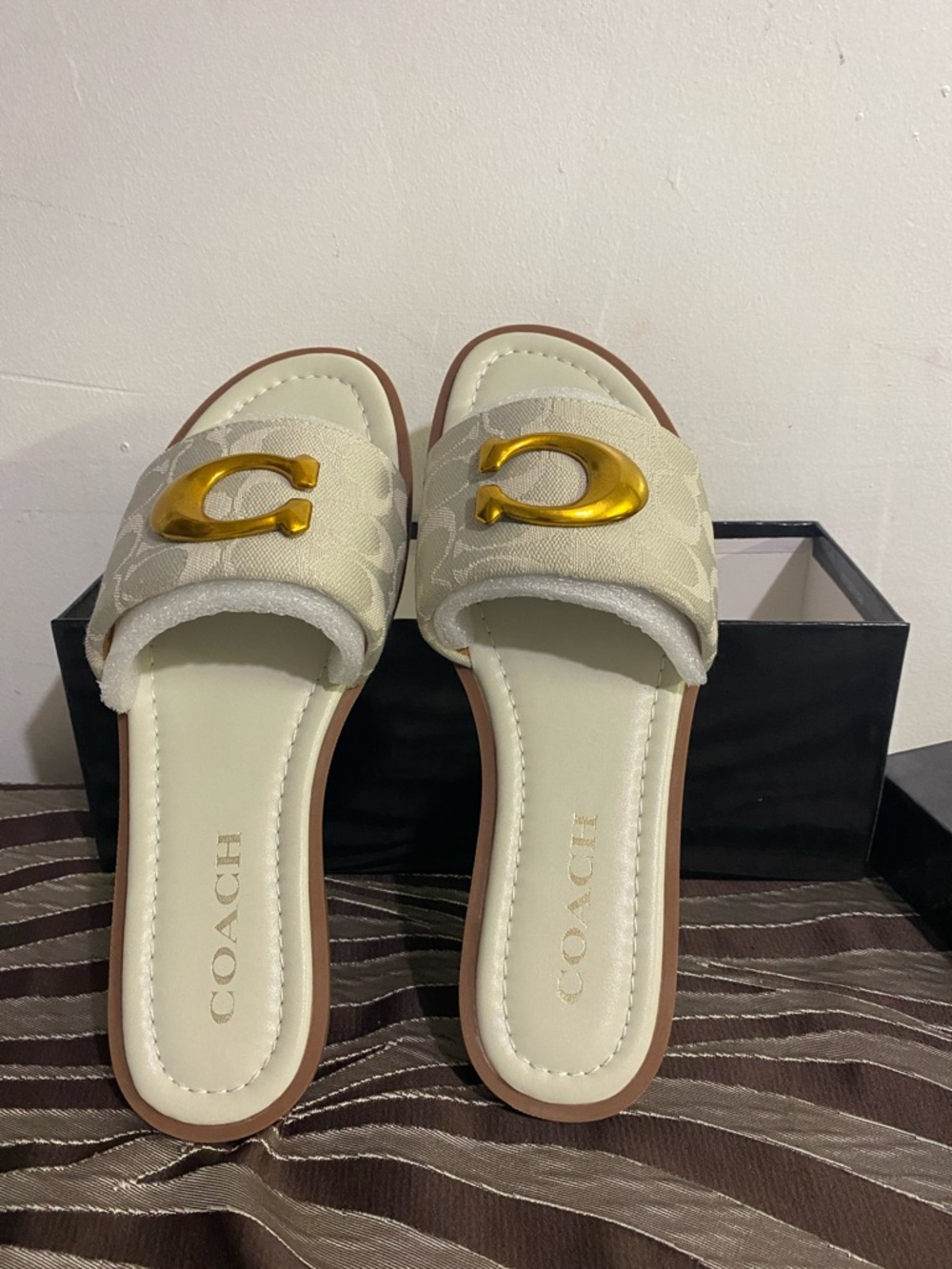 COACH Ivory Slide Sandals with Gold Hardware